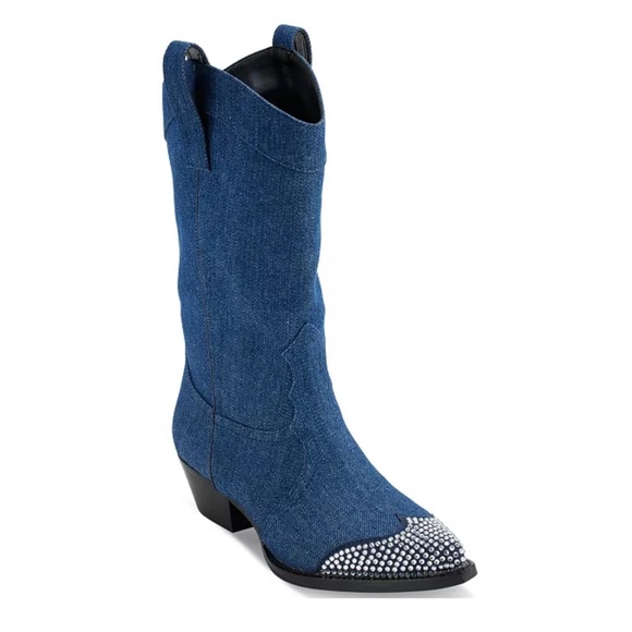 Karl Lagerfeld Lakota Boots Cowboy Denim Jeweled Almond Toe Western Rhinestones - Picture 1 of 12